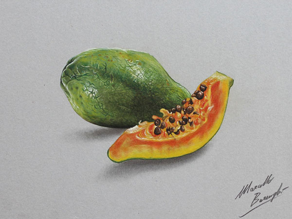 عکس نقاشی سه بعدی میوه پاپایا روی کاغذ